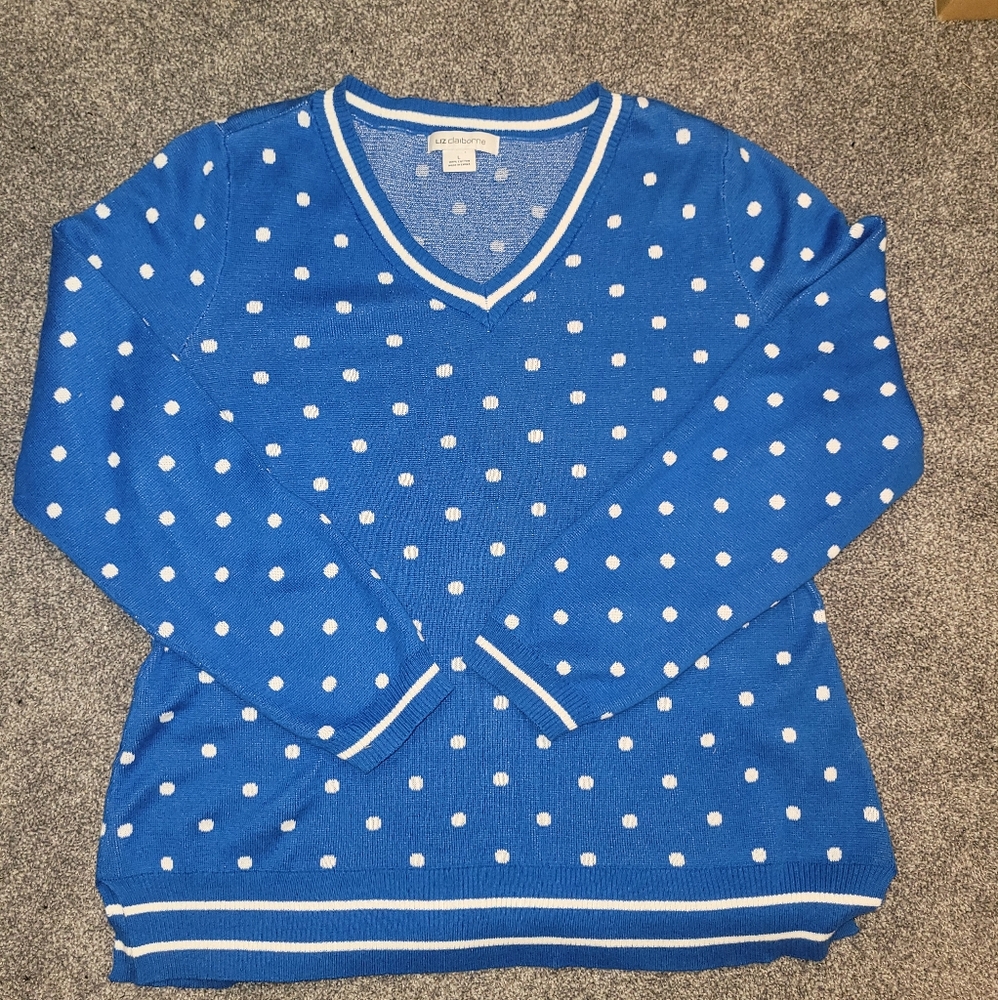 Liz Claiborne V-Neck Sweater in Blue with White Dots